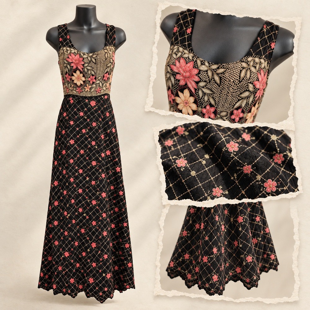 90s grunge Sleeveless Midi Dress Floral Lattice Mesh Bodice 10 Black Whimsigoth